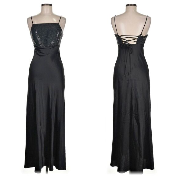 Vintage 90s Y2K Maurices Sequin Prom Gown Black Maxi Dress Strappy Siren Size 7 - Picture 1 of 11